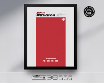 Peut inclure: Affiche encadrée noire avec un design minimaliste. Elle présente un rectangle rouge et des rayures blanches. Le texte comprend "MP4/4 McLaren Ayrton Senna" et des chiffres. L'affiche est prête à être imprimée et téléchargeable instantanément. Dimensions 40x50 cm.