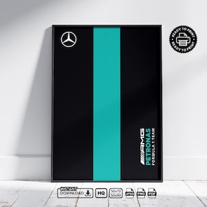 Op de afbeelding: Zwart ingelijste poster met het Mercedes-AMG Petronas Formula 1 Team logo. Het heeft een turquoise verticale streep op een zwarte achtergrond. Het Mercedes-logo is wit. Klaar om af te drukken.
