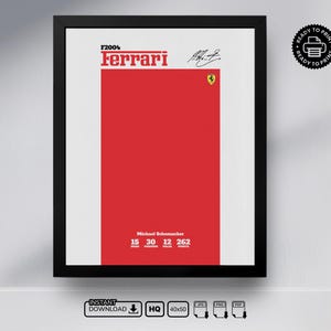 Może przedstawiać: Oprawiony plakat z czerwono-białym wzorem, logo Ferrari i napisem "F2004". Zawiera nazwisko Michaela Schumachera i statystyki wyścigów. Plakat jest gotowy do druku i dostępny do natychmiastowego pobrania.
