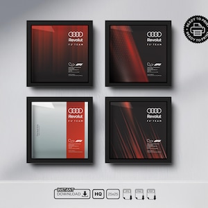 May include: Four framed prints with the Audi Revolut F1 Team logo. Each square frame has a black border. The prints feature red and black abstract designs. The text "Revolut F1 Team" is visible. The prints are ready to print.