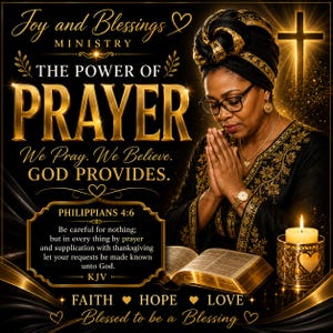 Può includere: Una grafica digitale con il testo Joy and Blessings Ministry, The Power of Prayer, We Pray. We Believe. God Provides., Philippians 4:6 e Faith, Hope, Love. Una persona con le mani giunte in preghiera davanti a una Bibbia aperta e una candela.