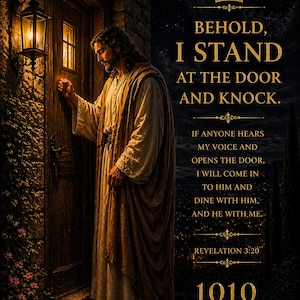 May include: An artistic depiction of a figure in flowing robes knocking on a wooden door, illuminated by a lantern. The image includes text that reads "BEHOLD, I STAND AT THE DOOR AND KNOCK." and "REVELATION 3:20."