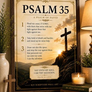 May include: A framed wall art print featuring Psalm 35 from the King James Version Bible. The design includes black text on a cream background, a silhouette of a cross on a hill at sunset, and decorative gold borders. The text includes verses 1-3.