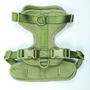 May include: An olive green dog harness with adjustable straps and plastic buckles. The harness has padded chest and back support. The brand name "clip & wag" is printed on the front.