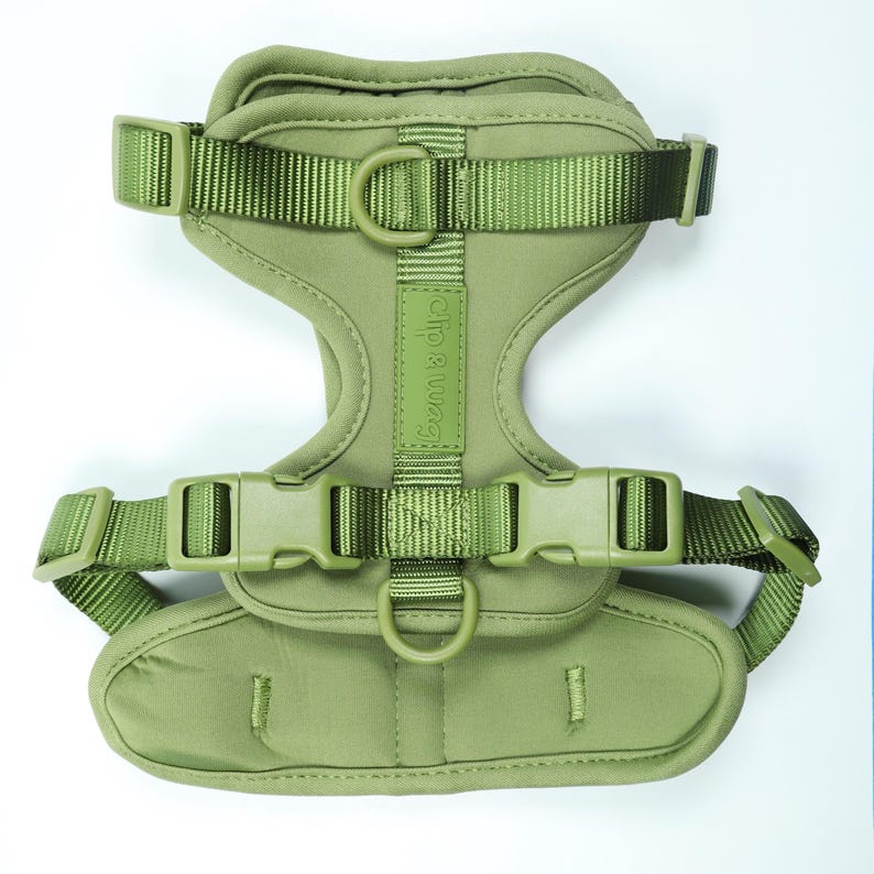 May include: An olive green dog harness with adjustable straps and plastic buckles. The harness has padded chest and back support. The brand name "clip & wag" is printed on the front.
