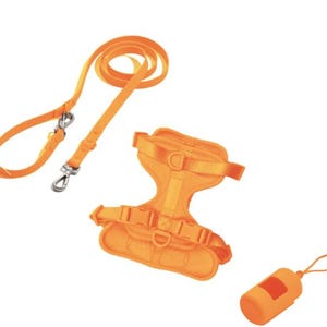 May include: An orange pet harness, lead, and waste bag dispenser set. The harness has adjustable straps and buckles. The lead has a metal clasp. The waste bag dispenser is cylindrical with a small loop. All items are a bright orange colour.