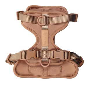 May include: A tan dog harness with adjustable straps and plastic buckles. The harness has a padded chest and back area for comfort. The brand name "clip & wag" is printed on a small tag.