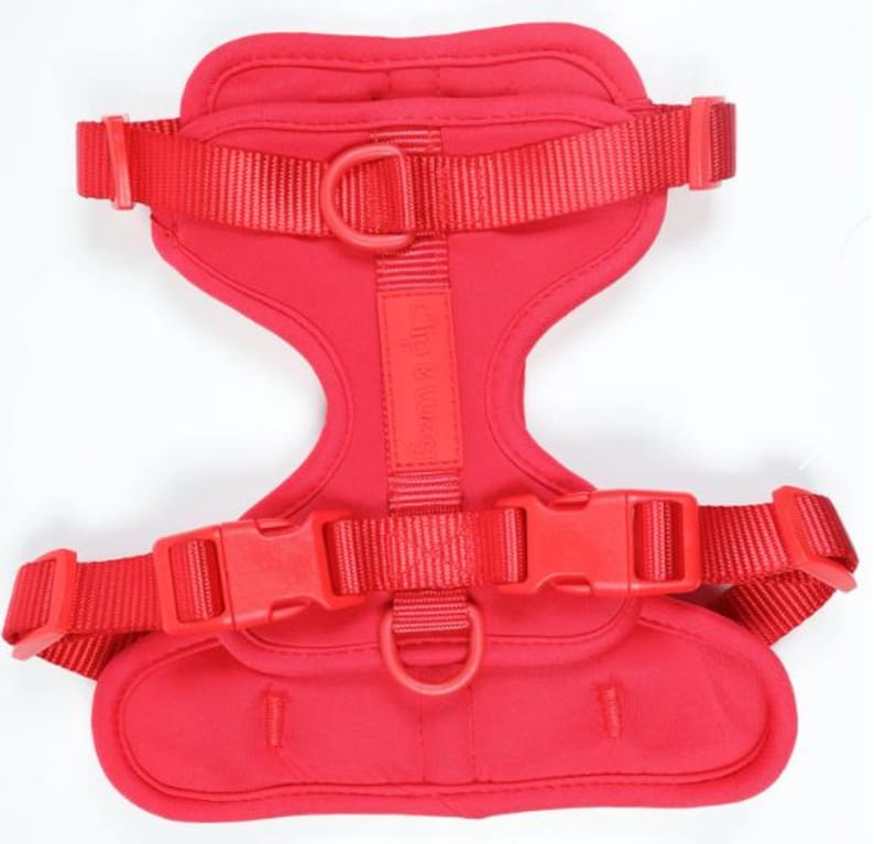 May include: A vibrant red dog harness with adjustable straps and plastic buckles. The harness has a padded chest and back area for comfort, with a D-ring for leash attachment. The brand name "elly & wumz" is printed on the strap.