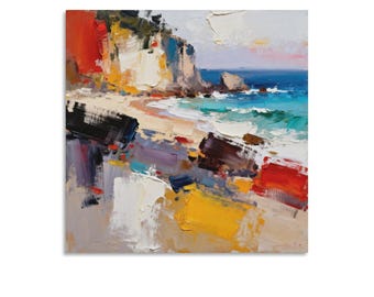 Lienzo abstracto vibrante con estampado costero, pintura al óleo con técnica impasto de acantilados de playa, arte mural colorido del océano, decoración costera moderna.