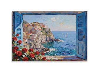 Cuadro de Henri Matisse "Ventana abierta en la costa de Amalfi", arte mural de un pueblo costero de la Riviera italiana, decoración con contraventanas azules y rosas rojas.