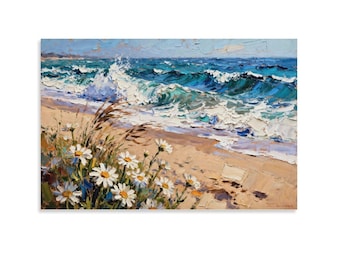 Impresión de pintura al óleo de margaritas en la playa con técnica impasto - Arte mural de flores silvestres costeras, decoración con textura de olas del océano, arte playero de verano para la sala de estar