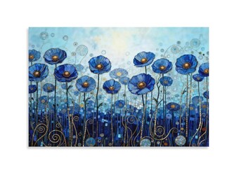 Lienzo estampado de amapolas azules al estilo Klimt, mosaico floral en espiral dorado para pared, decoración botánica de flores doradas Art Nouveau.