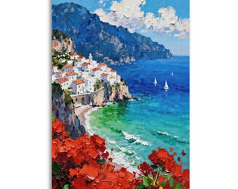 Cuadro de Henri Matisse con ventana abierta en la costa de Amalfi, Italia, pintura sobre lienzo con técnica de impasto de un pueblo costero, decoración de pared inspirada en Positano.