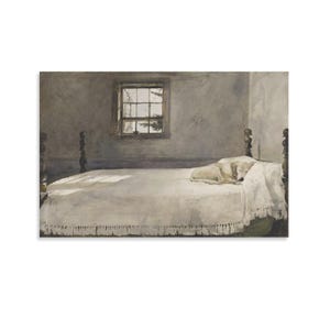 May include: A watercolor painting depicts a bedroom scene with a white bed, a sleeping dog, and a window. The bed is covered with a white blanket and a decorative white lace bedspread. The room has a muted color palette with a soft, natural light.