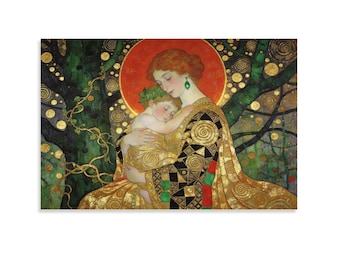 Lienzo impreso de la Virgen con el Niño de Klimt, arte mural de la madre y el bebé en espiral dorada, pintura de la Sagrada Virgen María, decoración Art Nouveau sobre la maternidad.