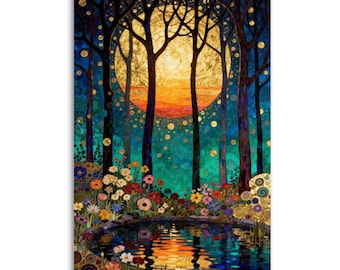 Lienzo impreso de jardín iluminado por la luna al estilo Gustav Klimt, arte de pared de estanque en el bosque con luna dorada, decoración caprichosa Art Nouveau nocturna con coloridas flores silvestres