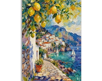 Cuadro de Henri Matisse con ventana abierta y limonero en la costa de Amalfi, estilo impasto, inspirado en Positano. Decoración de pared mediterránea.