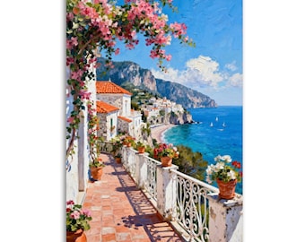 Costa Amalfitana, pintura costera mediterránea, lámina con vista desde balcón de la Riviera italiana, decoración de pueblo costero de verano, lienzo impreso de paisaje.