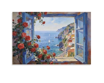 Cuadro de Henri Matisse "Ventana abierta en la costa de Amalfi", arte mural de un pueblo costero de la Riviera italiana, decoración con contraventanas azules y rosas rojas II