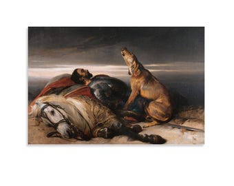 Requiescat Briton Rivière Lienzo Impreso, Caballero Caído Perro Sabueso Pintura Romántica al Óleo para Pared Arte de Pared