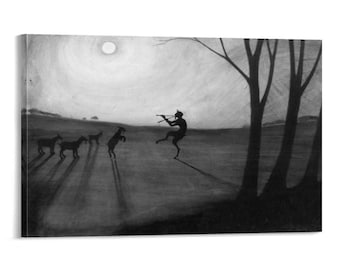 Cuadro "Fauno a la luz de la luna" de Léon Spilliaert, arte mural simbolista, obra de arte mística en blanco y negro, decoración vintage estilo Dark Academia para el hogar.