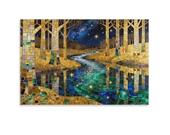 Lienzo impreso con mosaico de Klimt del río del bosque dorado, cuadro de pared de la noche estrellada con arroyo turquesa, decoración de paisaje con azulejos dorados Art Nouveau.