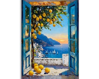 Henri Matisse Ventana Abierta Costa Amalfitana, Pintura Costera Mediterránea, Vista desde Balcón de la Riviera Italiana Impresión, Paisaje Lienzo Impreso Arte