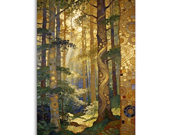 Lienzo impreso estilo Gustav Klimt, Bosque Dorado, Art Nouveau, Árboles Iluminados por el Sol, Arte de Pared, Decoración Natural con Hojas de Oro Ornamentadas