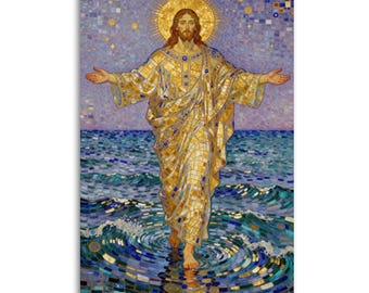 Cuadro de Jesús caminando sobre el agua al estilo de Gustav Klimt, iconografía religiosa cristiana en mosaico dorado para pared, decoración espiritual azul y dorada.