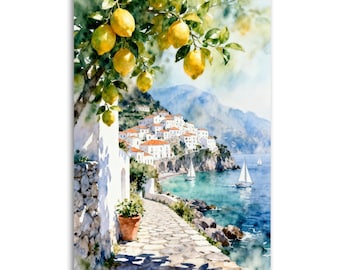Lámina decorativa de la Costa Amalfitana, acuarela de un limonar italiano, paisaje costero de Positano, Sicilia, decoración para el salón.
