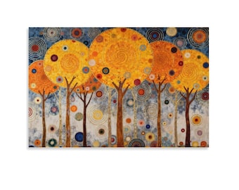 Lienzo impreso con diseño de bosque de árboles en espiral dorada al estilo Gustav Klimt, arte de pared Art Nouveau con círculo de pan de oro.