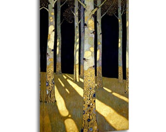 Lienzo impreso de un bosque de abedules al estilo de Gustav Klimt, arte mural Art Nouveau dorado, pintura de bosque oscuro y dorado, decoración de arte simbolista.