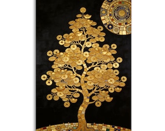 Lienzo impreso con árbol del dinero Feng Shui al estilo Gustav Klimt, arte mural Art Nouveau de prosperidad con monedas y lingotes de oro, decoración de lujo en negro y oro