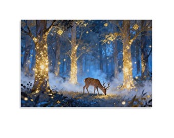 Lienzo impreso de bosque de ciervos resplandecientes dorados, arte de pared mágico de bosque azul brumoso, decoración de paisaje de ciervo encantado con pan de oro