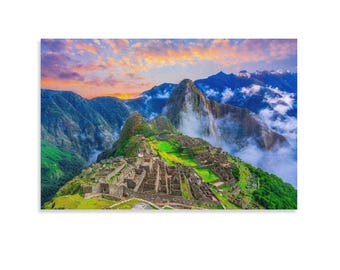Lienzo impreso del amanecer en Machu Picchu, arte mural de paisaje montañoso de ruinas incas antiguas de Perú
