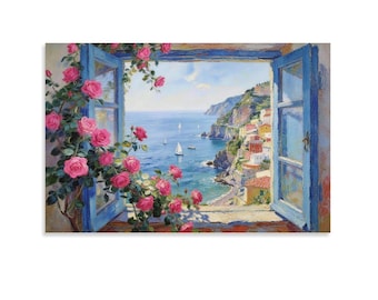 Henri Matisse Ventana Abierta Vista de la Costa Amalfitana desde una Ventana Azul con Rosas Rosadas Impresión en Lienzo, Arte de Pared de Paisaje Marino Costero Italiano