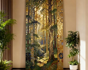 Impresión en lienzo del Bosque Dorado de Gustav Klimt, arte panorámico de un bosque con luz dorada.