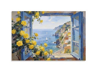 Henri Matisse Ventana Abierta Vista de la Costa Amalfitana desde una Ventana Azul con Rosas Amarillas Impresión en Lienzo, Paisaje Marino Costero Italiano Arte de Pared