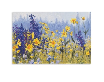 Cuadro decorativo "Alegría en julio", arte mural impresionista de pradera de flores silvestres, paisaje floral azul con girasoles amarillos, decoración veraniega estilo cottagecore para el hogar.