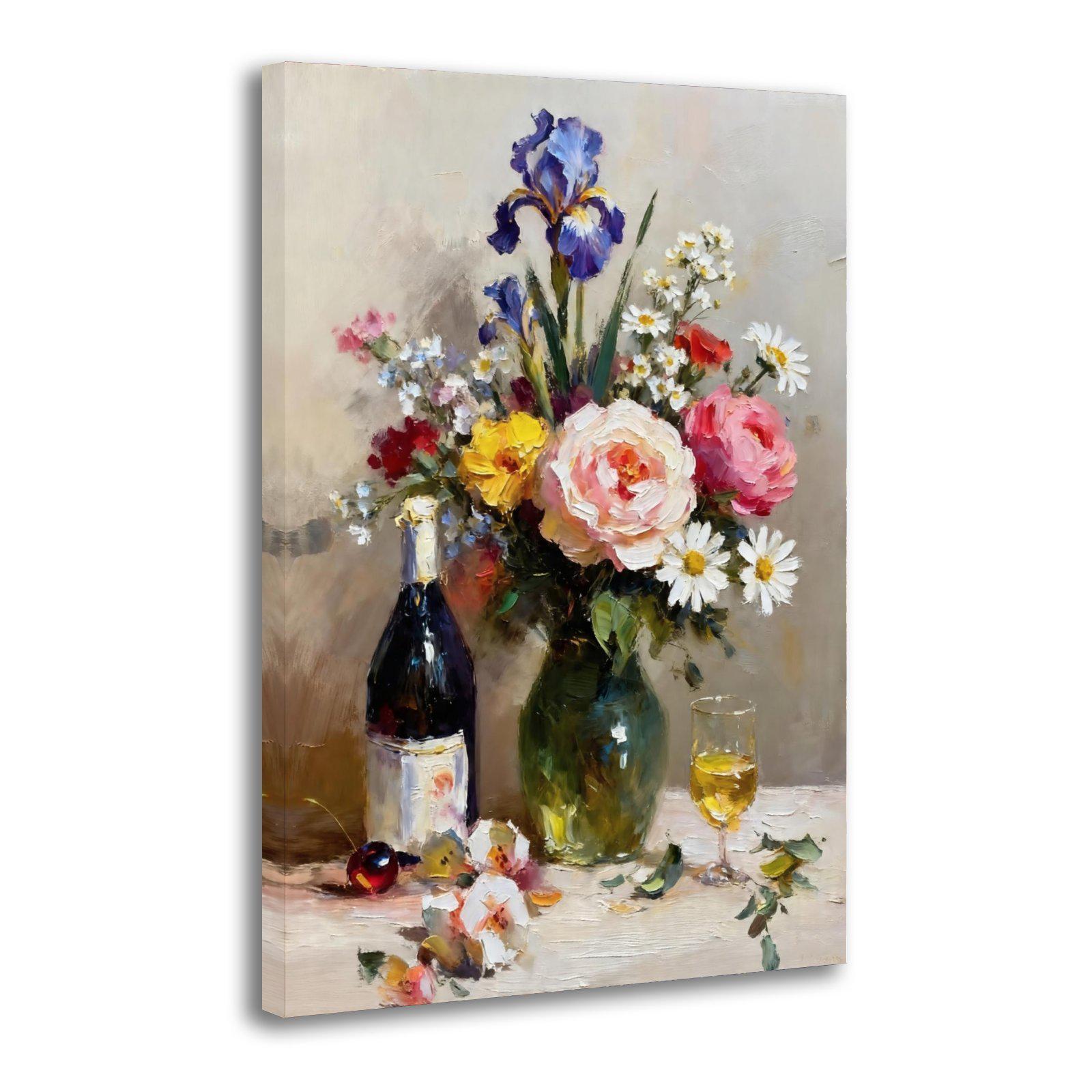 Impasto Still Life Oil Painting Print - Floral Bouquet With Wine Bottle ...