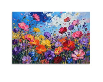 Cuadro fauvista de campo de flores silvestres, pintura vibrante de flores de pradera coloridas, decoración floral de pared con empaste llamativo.