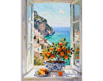 Cuadro de Henri Matisse con vista a la ventana de la costa de Amalfi, pintura de naranjo con técnica impasto, decoración de pared para pueblo costero mediterráneo.