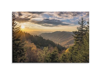 Lámina decorativa de pared con puesta de sol en las Grandes Montañas Humeantes, paisaje panorámico del Parque Nacional, póster de fotografía de naturaleza de las Grandes Montañas Humeantes, decoración rústica para cabañas.