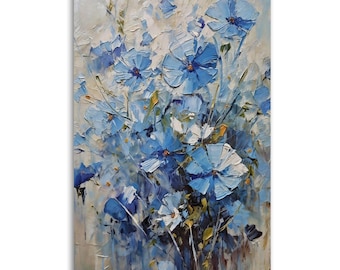 Cuadro de amapola azul con técnica impasto, pintura al óleo de flores azules texturizadas, decoración floral abstracta para pared.
