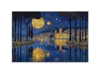 Cuadro de Klimt "Noche estrellada junto al lago", arte mural italiano junto al lago con luna en espiral dorada, decoración de paisaje nocturno azul Art Nouveau