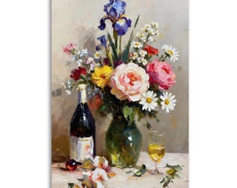 Impresión de pintura al óleo de naturaleza muerta con técnica impasto: ramo de flores con botella de vino, arte mural de estilo campestre francés, decoración de cocina vintage.