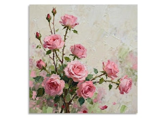 Cuadro de rosas rosadas con técnica impasto sobre lienzo, pintura floral al óleo con textura, ramo de rosas rosadas suaves para decoración de pared, arte floral romántico sobre fondo neutro.