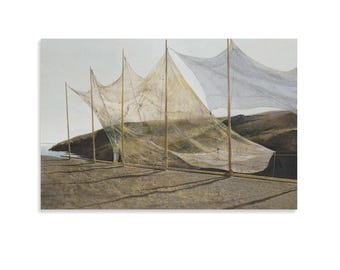 Lienzo impreso con redes de pesca de Andrew Wyeth. Arte paisajístico costero neutro para decoración Wabi-Sabi y rústica.