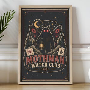 Mothman Poster, Cryptid Wall Art Print, Mothman Watch Club Poster for Cryptozoology Lovers, Weirdcore Folklore Creature Decor