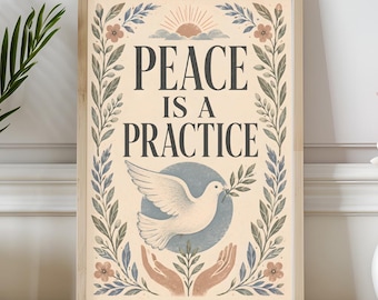 Peace Poster Wall Art, Human Rights Poster with Dove, Illustrated Typography Poster, Political Quote Decor